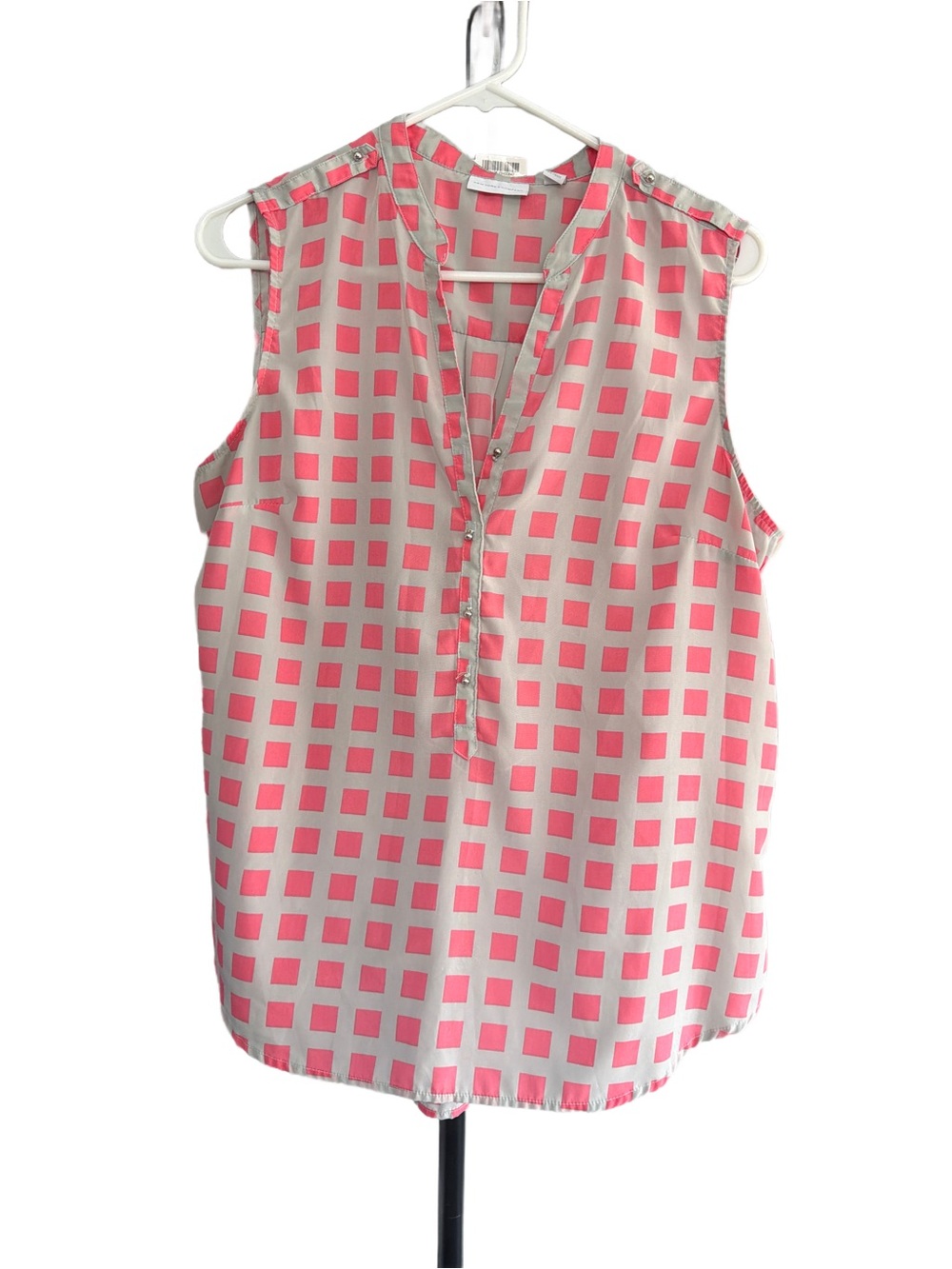 New York & Company Pink and Cream Sleeveless Grid V-Neck Shell